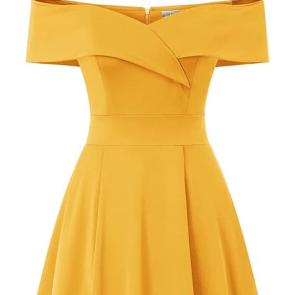 Radiant Yellow JASAMBAC High Low Off The Shoulder Cocktail Dress - Picture 4 of 5